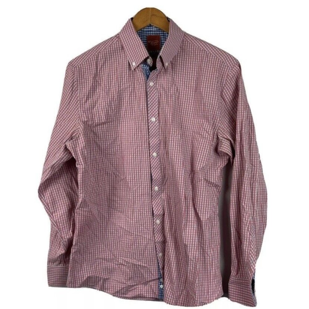 Penguin Men 15 32/33 Slim Fit Long Sleeve Button Front Shirt Orange Blue Gingham